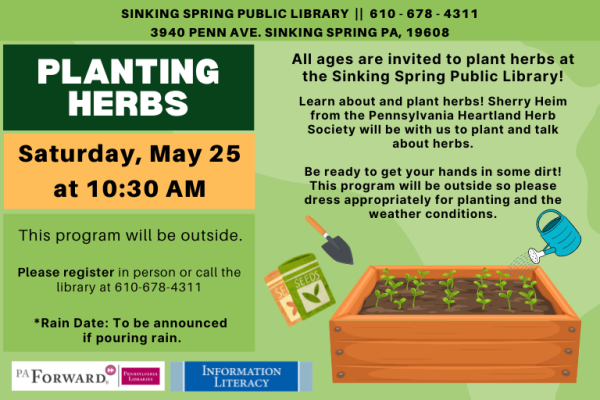 Program details with pictures of a box planter, herbs, seeds, and watering can.