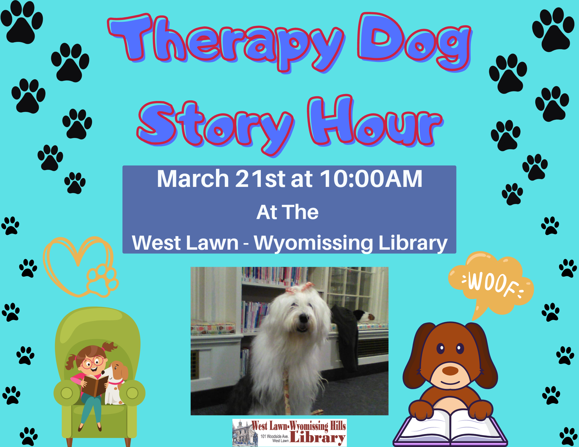 Reading to therapy dogs improves kids' literacy skills and boosts confidence!  Bring your young readers by the West Lawn Wyomissing Hills Library to practice reading to our friendly, trained, and certified therapy dogs.