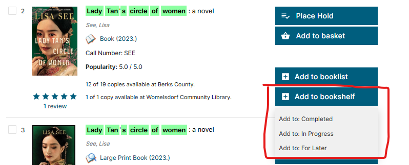 Screenshot showing Bookshelf dropdown options in the catalog