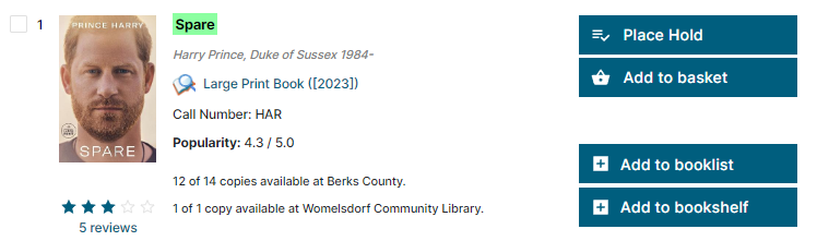 Sample "Spare" result listing that shows 14 listings in the county and 1 listing at Womelsdorf Library