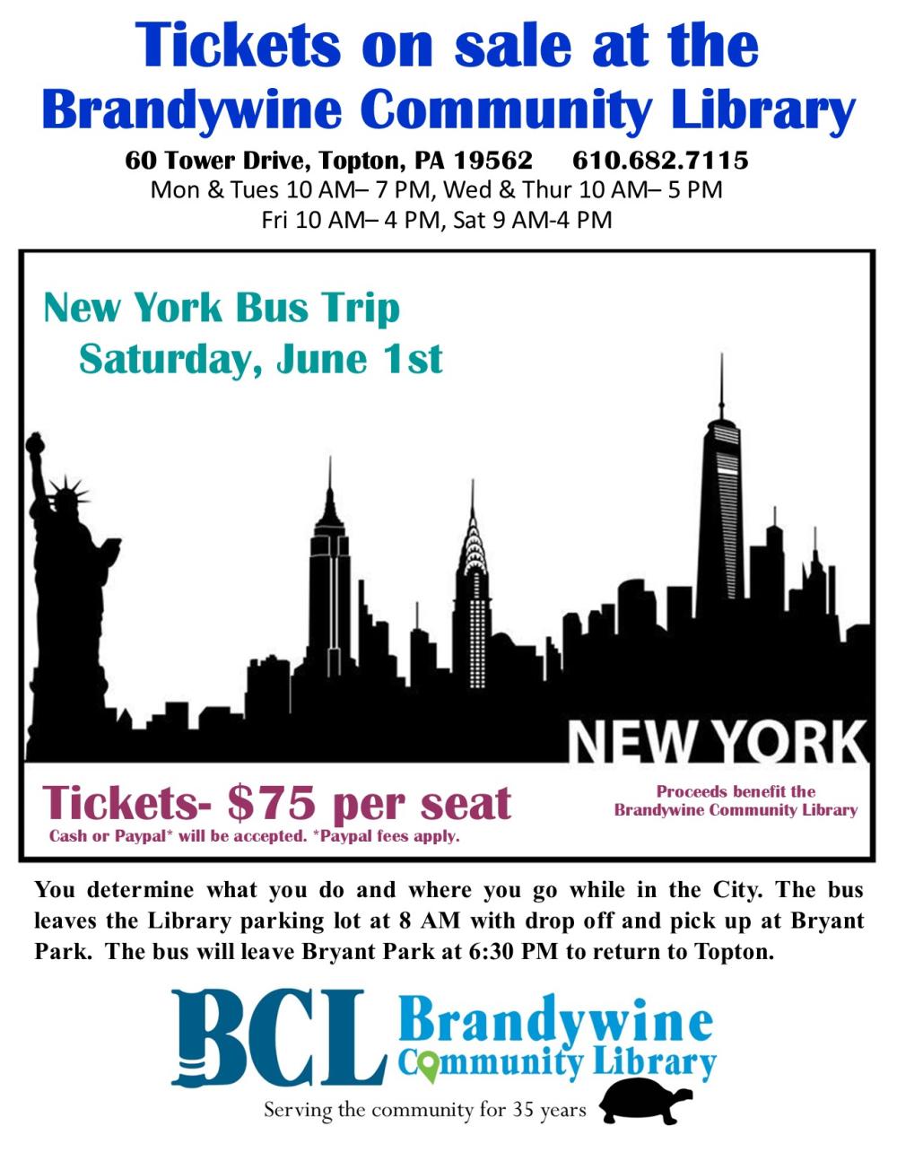 new york bus trip june 1st ticket $75