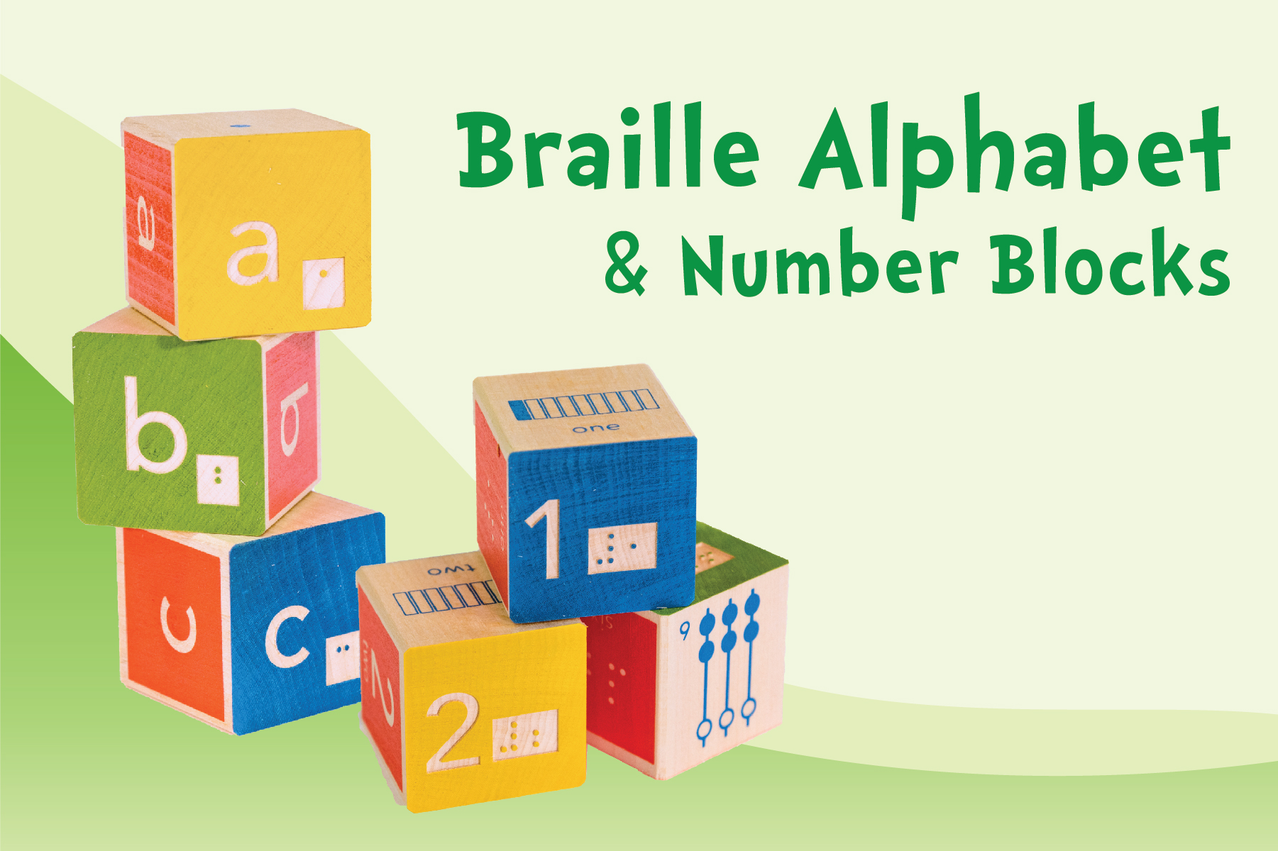 braille letter and number blocks on green background