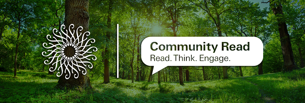 Longwood Community Reads white logo over trees