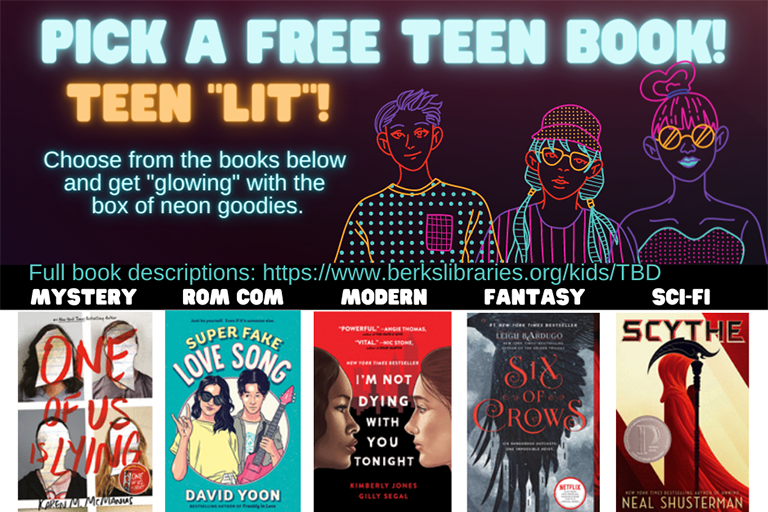 Teen Book Drop options: One of Us is Lying; Super Fake Love Song; I'm Not Dying with You Tonight; Six of Crows; Scythe.