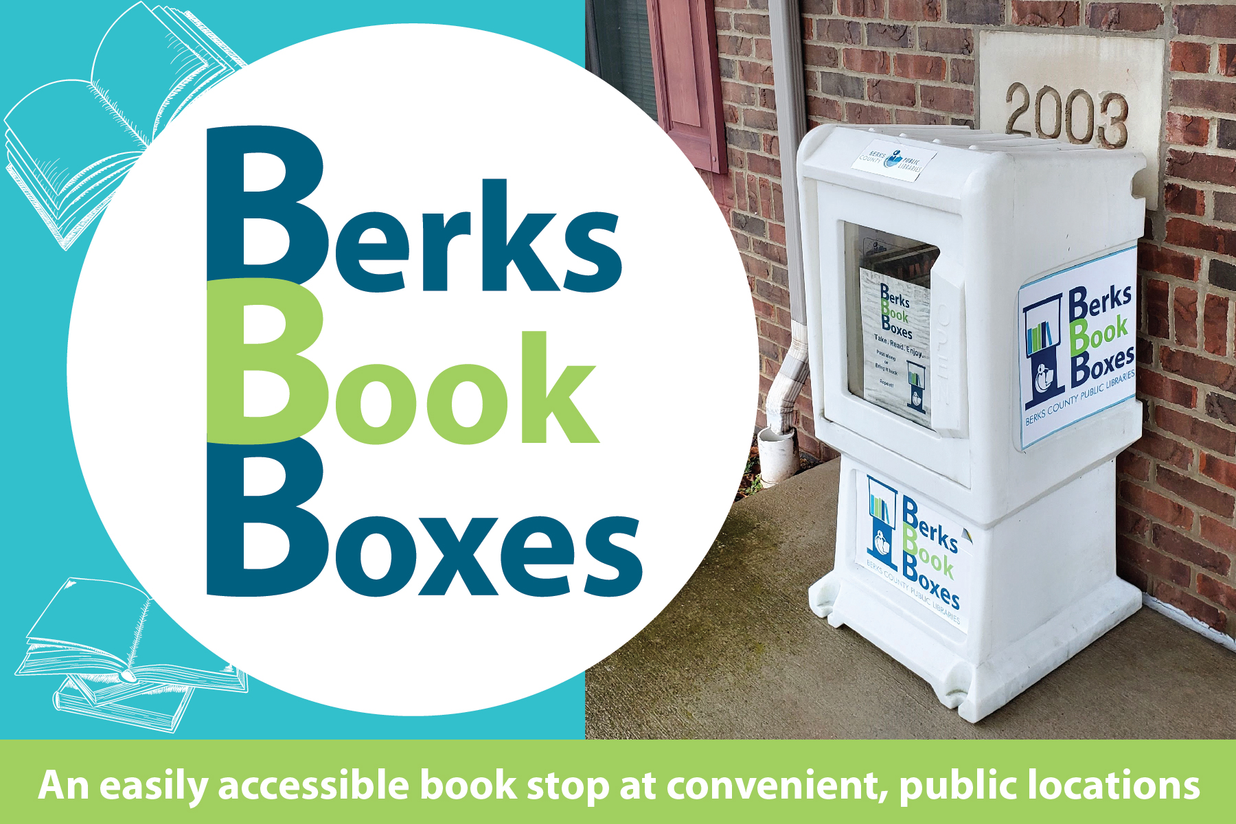 white newspaper box with books inside and Berks Book Box logo on side