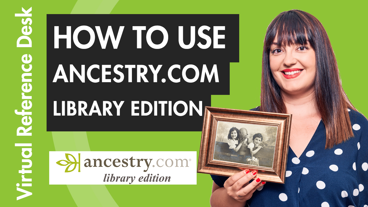 Smiling woman holding old photograph. Text: how to use Ancestry.com Library Edition