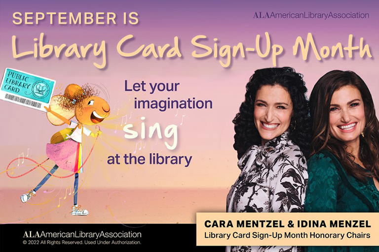Cartoon mouse holding library card and microphone with Cara Mentzel and Idina Menzel pictured