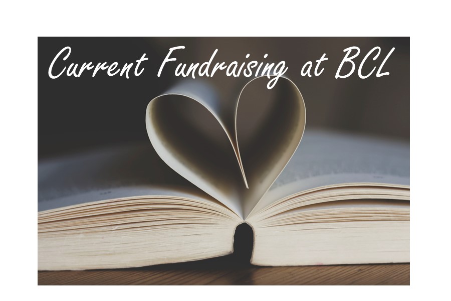 book open with pages folded in to form a heart and text- current fundraisers at BCL