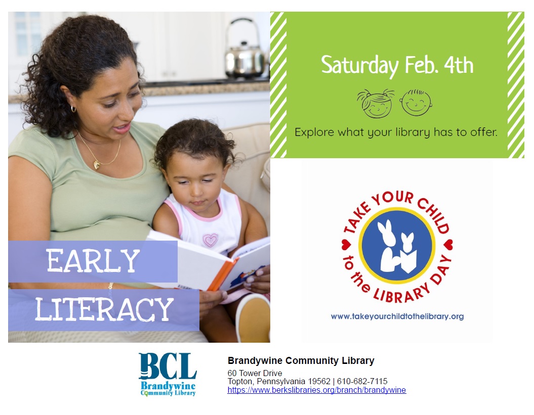 take your child to the library day- Feb 4th with image of mom and child reading
