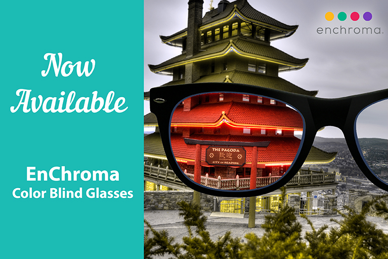 eye glasses over top of the Reading Pagoda, vivid color in center of lens with muted tones around it.