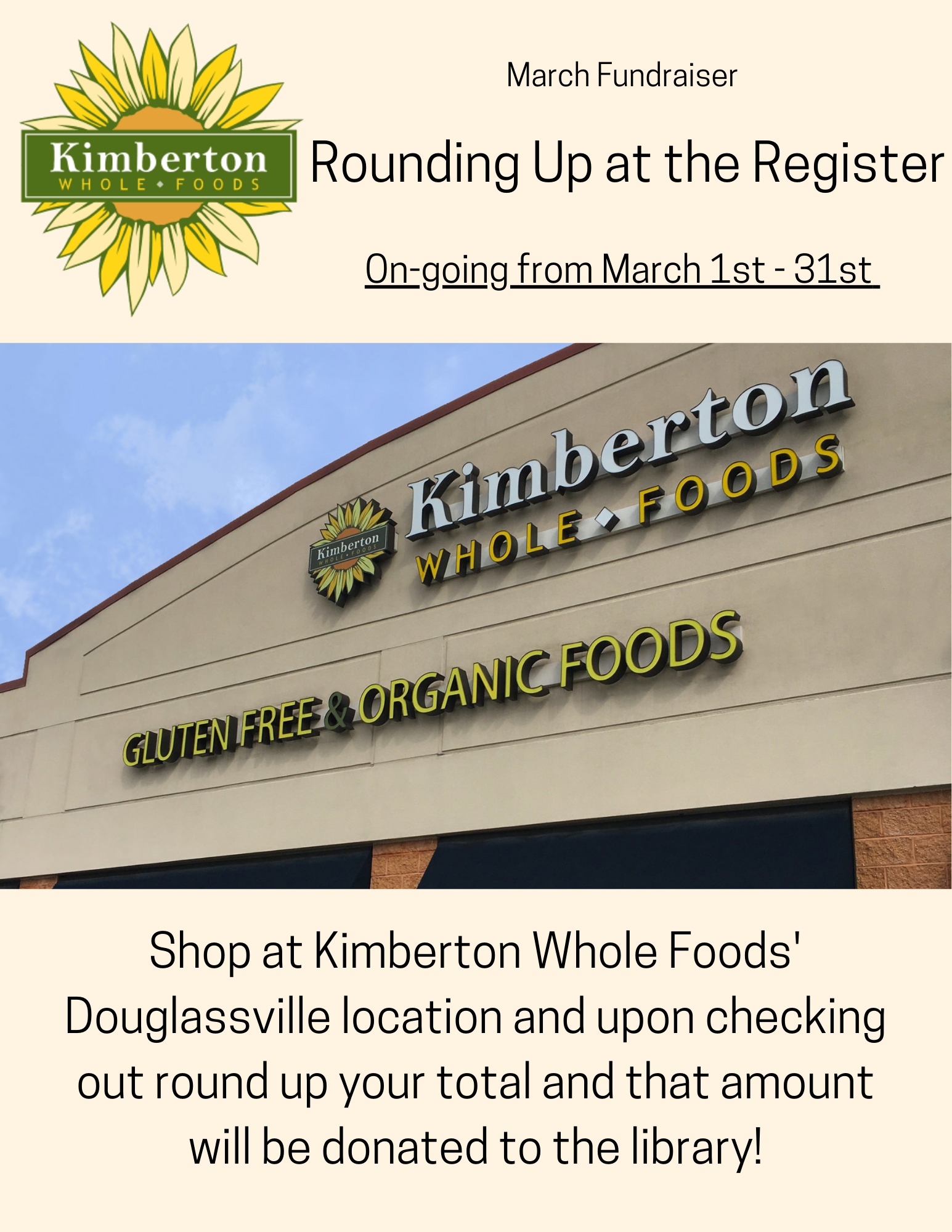Kimberton store front on flyer with information regarding Rounding Up At the Register program
