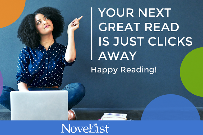 Woman sitting on floor with laptop pointing to text that reads "Your next great read is just clicks away."