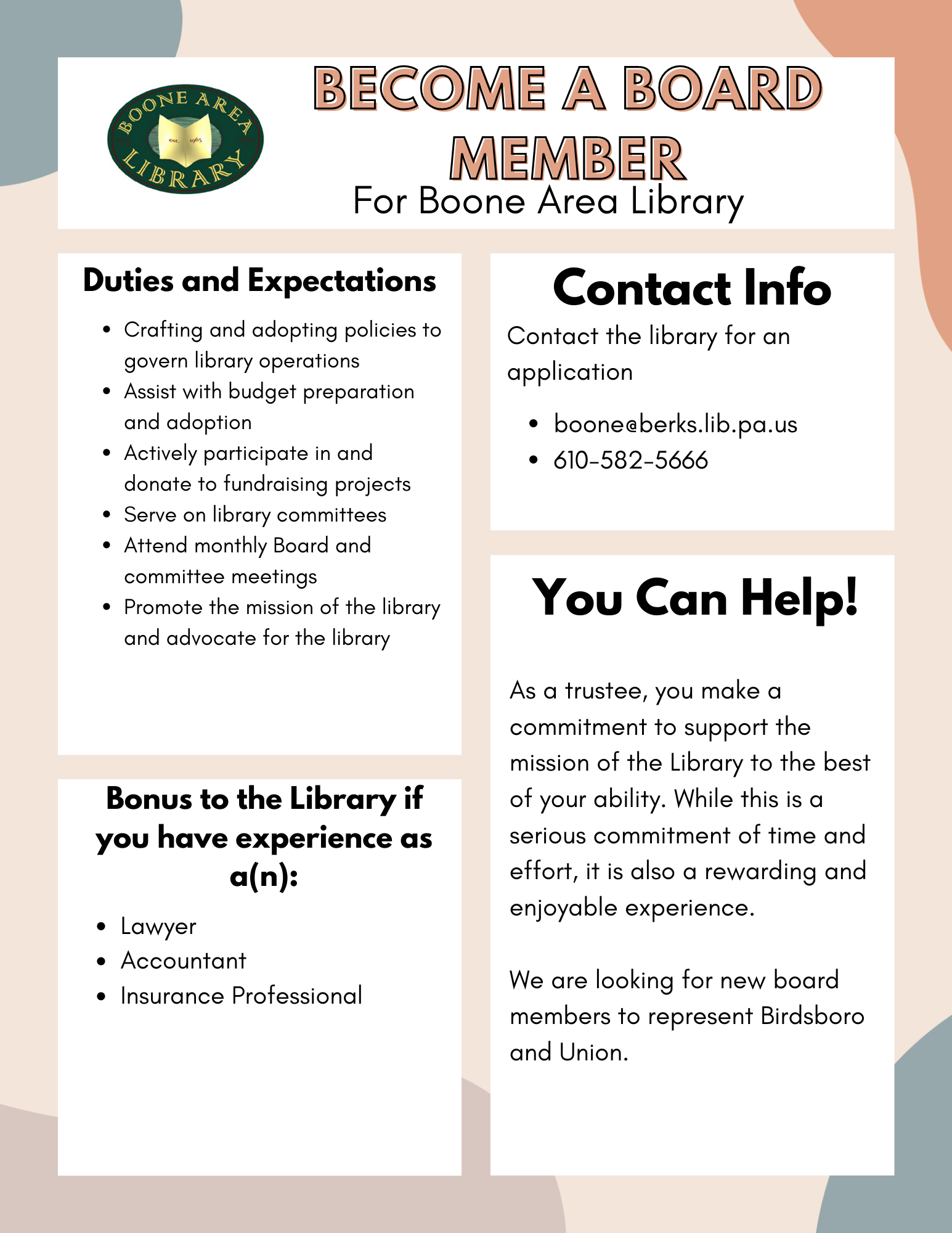 Become a board member flyer describing board member tasks and requirements