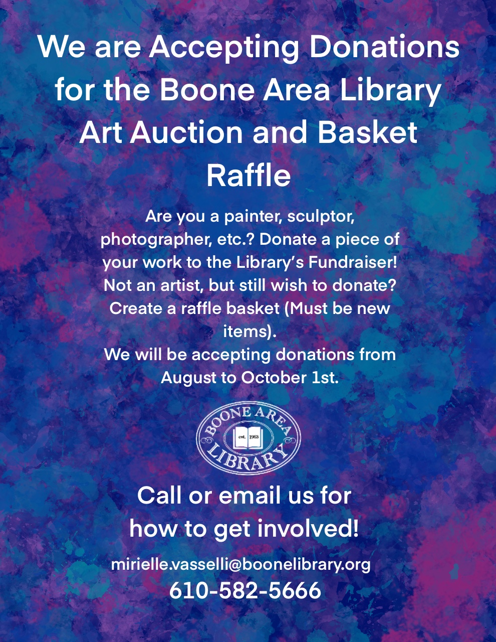 Flyer asking for donations for art auction and basket raffle 