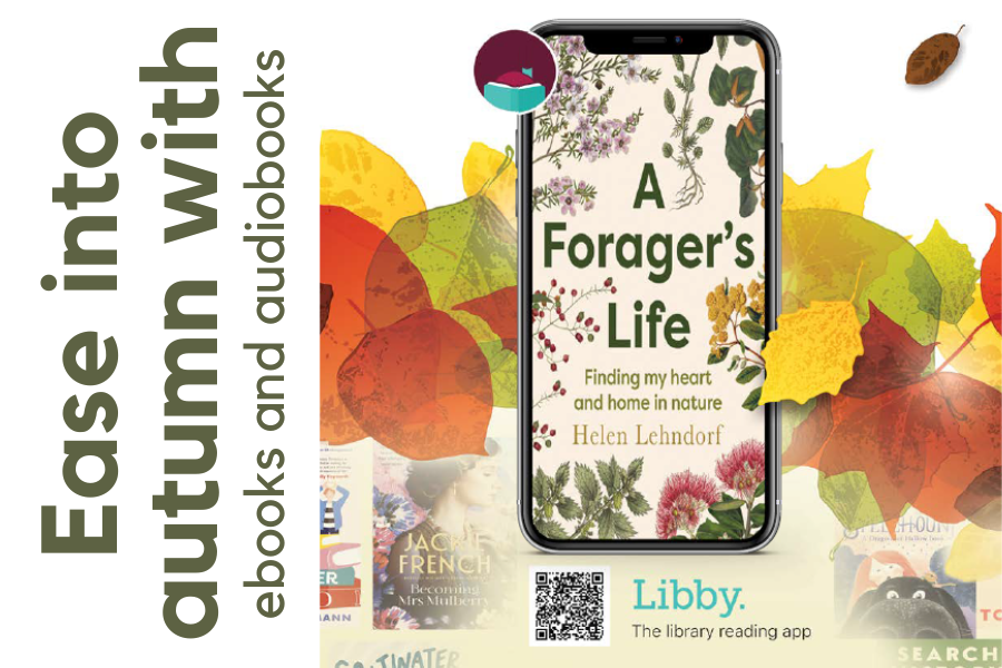phone with ebook cover on screen in front of fall leaves and sideways text that reads "Ease into autumn with ebooks and audiobooks"