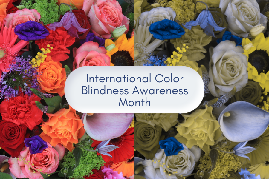 Photo of colorful flowers beside same photo with colorblind view filter; text on top saying "International Color Blindness Awareness Month"