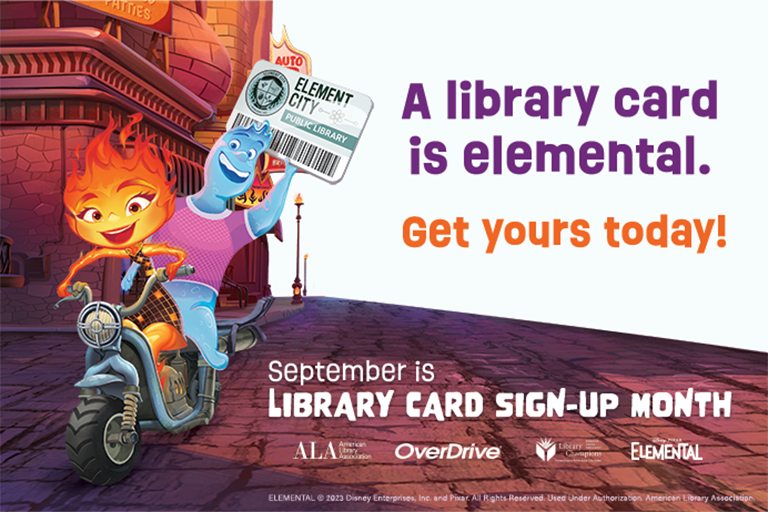 Ember and Wade from Disney's Elemental movie ride on a motorcycle holding a library card