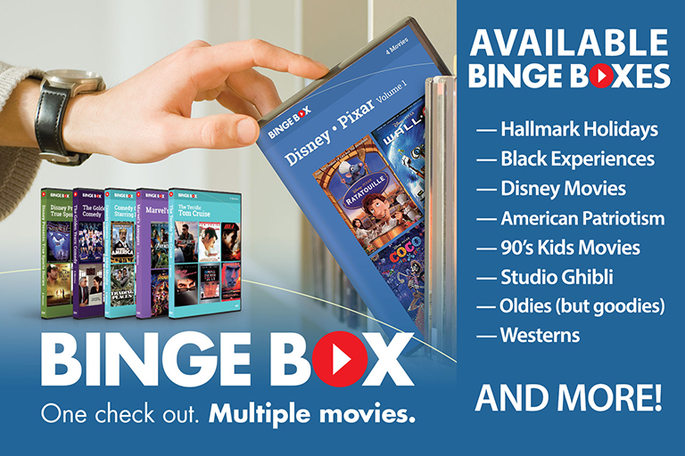 Alt text: Hand pulling out Disney Pixar binge box. Text: one checkout. Multiple movies. Available Binge Boxes: Hallmark Holidays; Black Experiences; Disney Movies; American Patriotism; 90's Kids Movies; Studio Ghibli; Oldies (but Goodies); Westerns; and more!