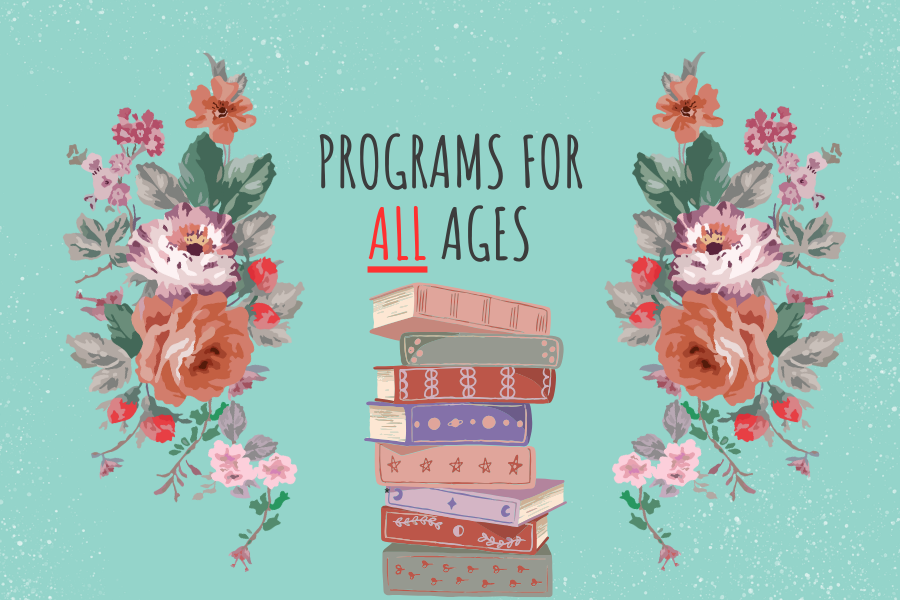 Programs for All Ages (books stacked and flowers on the sides)