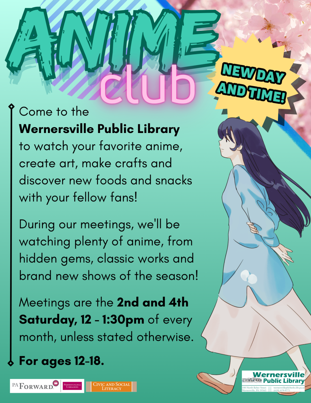 teen anime club flyer with same information typed out below