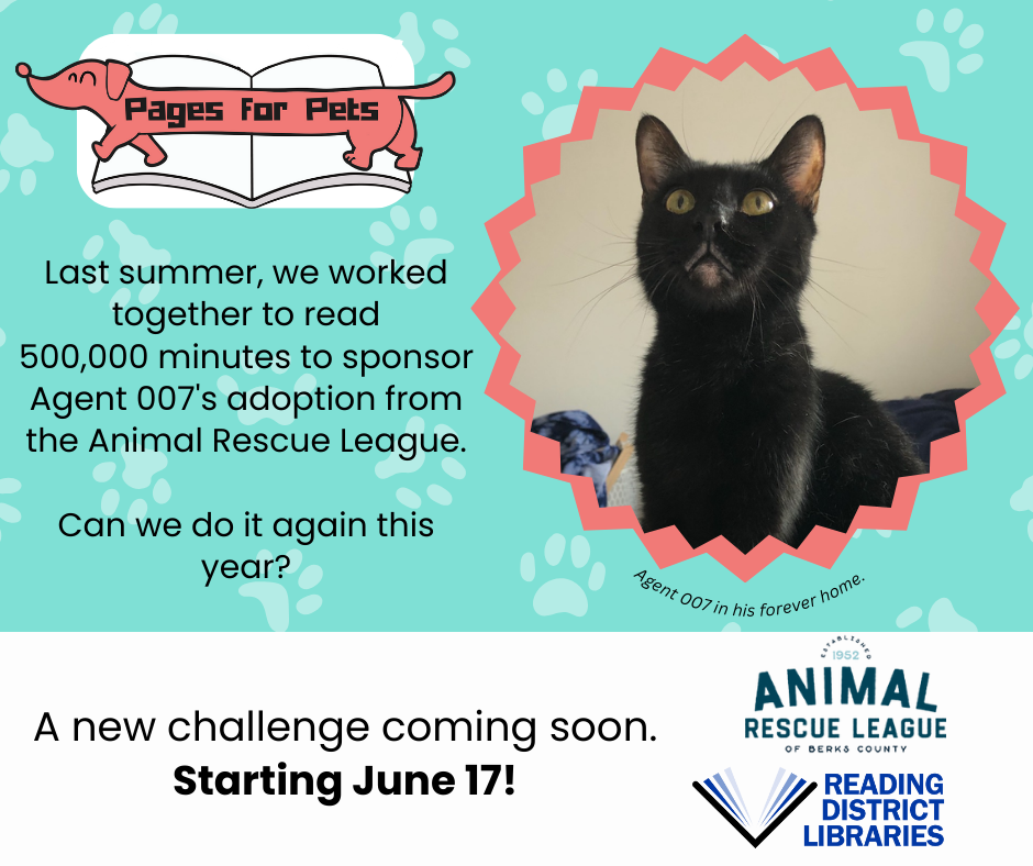 A photo of a black cat called Agent 007 smiles in his forever home. Text says a new Pages for Pets challenge is coming and will start June 17, 2024