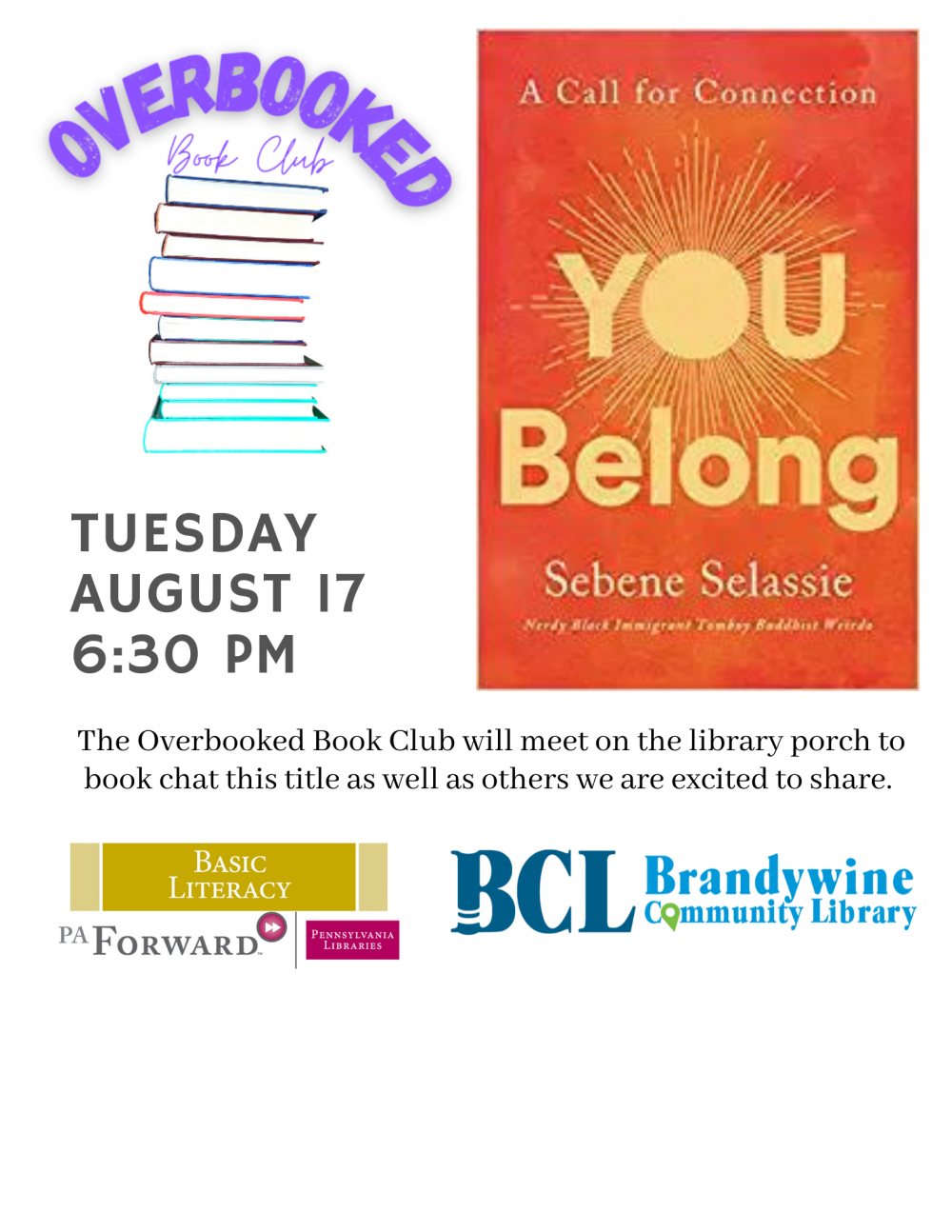 adult book club flyer for August