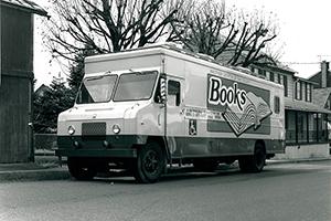 old black and white image of the BCPL bookmobile on a street – Jim Luft photographer
