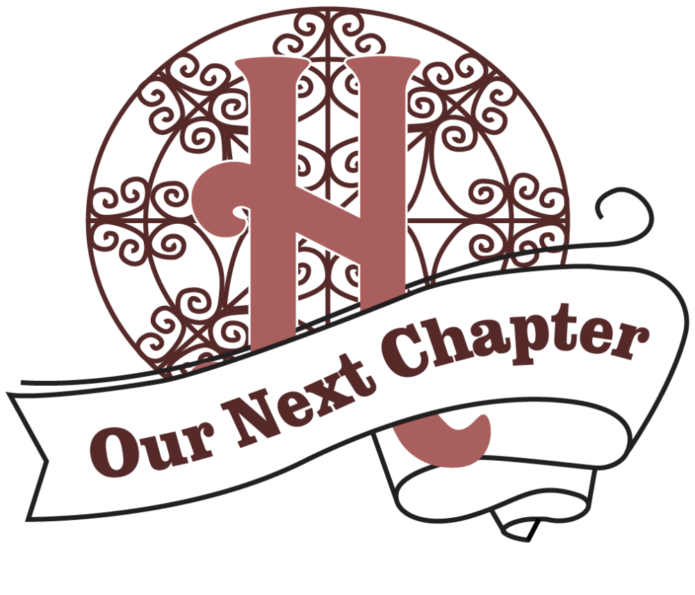 "H" on a decorative background.  "Our Next Chapter" on a banner underneath. 