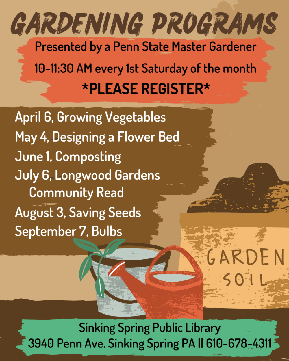 Gardening program topics with a Penn State Master Gardener are listed.