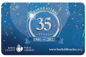 library card with blue background with bright confetti and shiny silver 35th logo