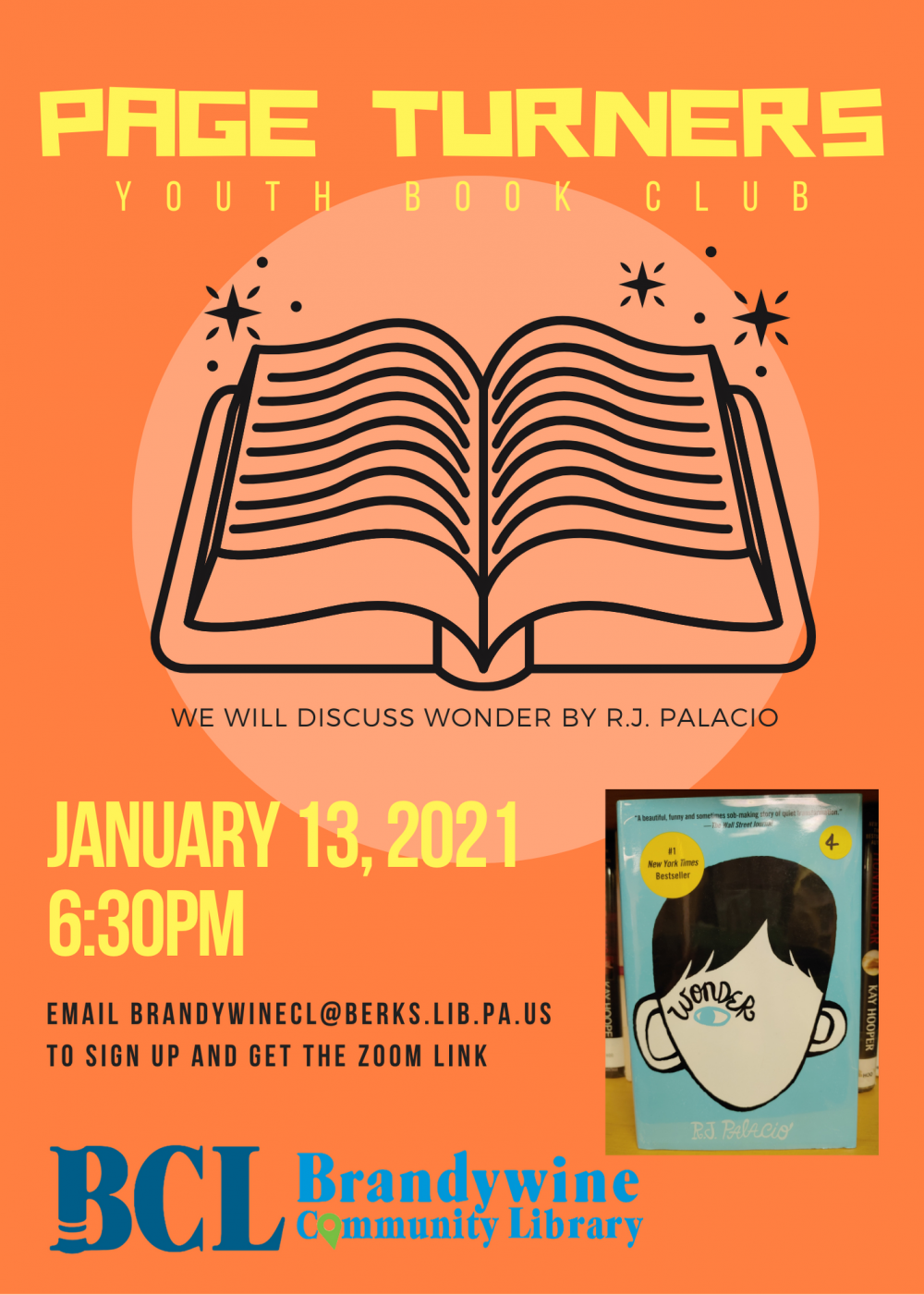 youth book club flyer for Wonder title