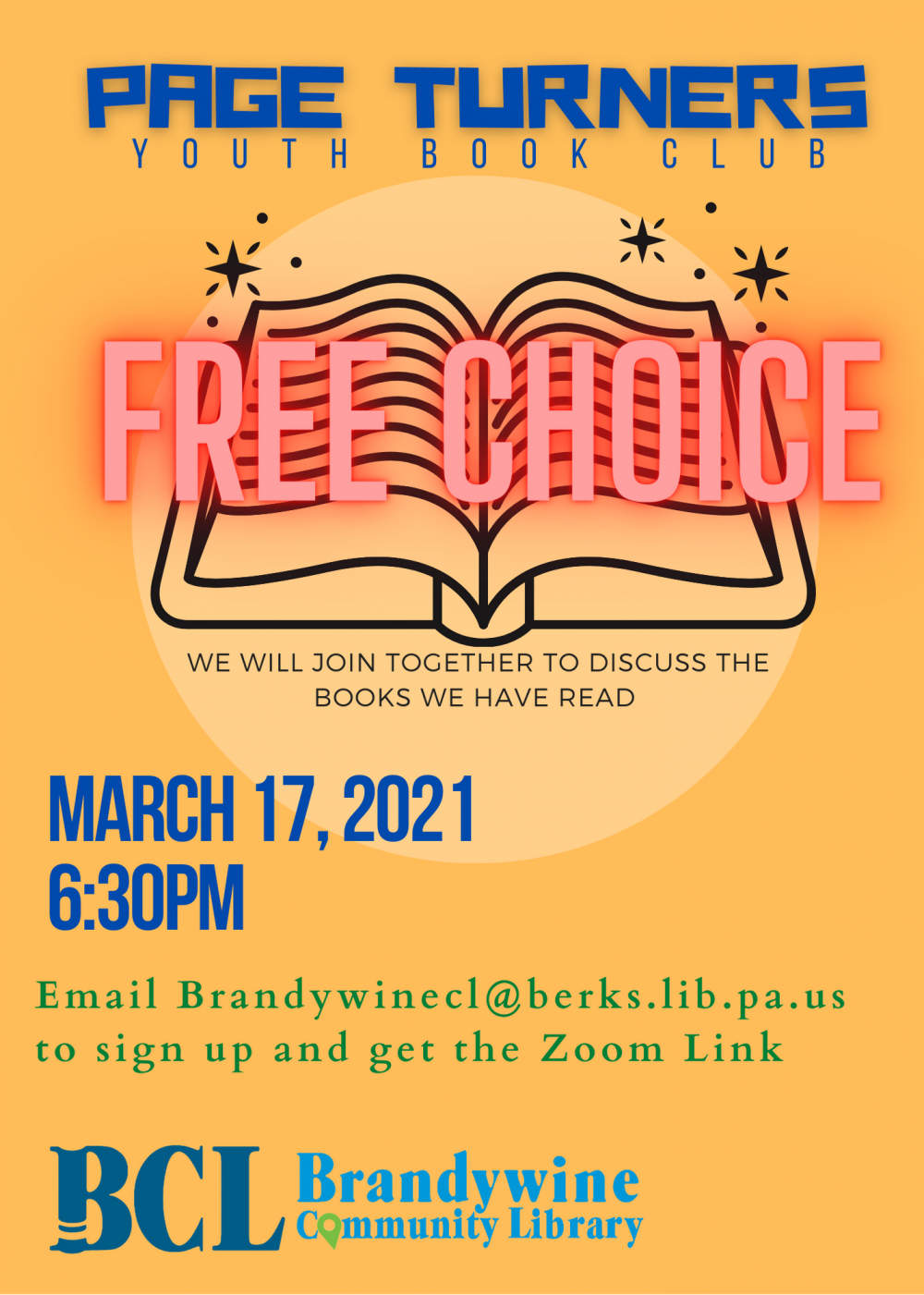 Page Turners flyer for March- topic is free choice