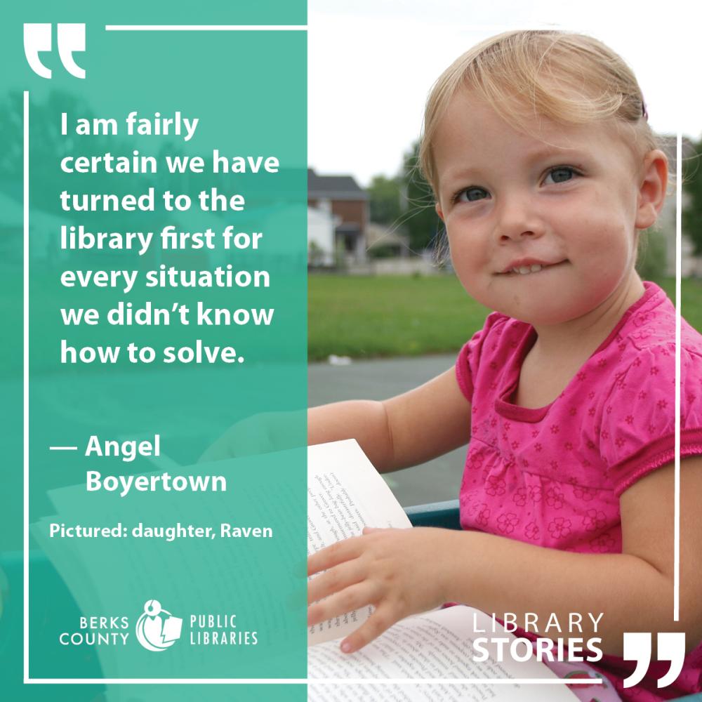 Young, smiling girl in a kid's wagon, holding an open book. Angel's story: "I am fairly certain we have turned to the library first for every situation we didn't know how to solve."