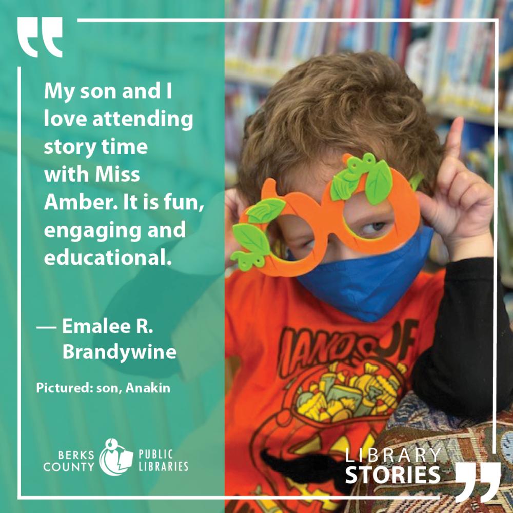 Young boy wearing a mask and orange cut-out sunglasses. Emalee's Story: "My son and I enjoy attending storytime with Miss Amber. It's fun, engaging, and educational."
