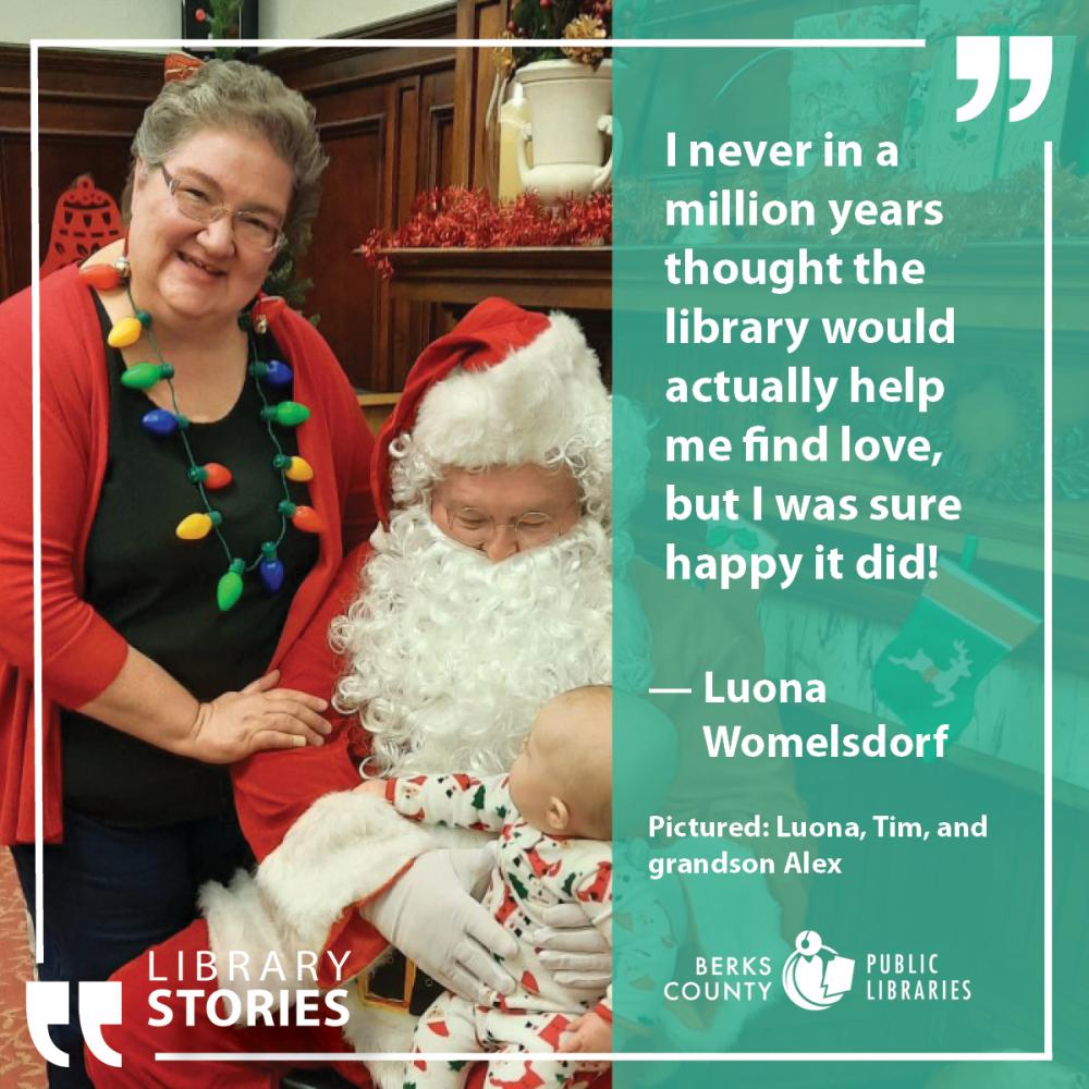 Luona's story. Woman (Luona), smiling, sitting on Santa's lap with grandson