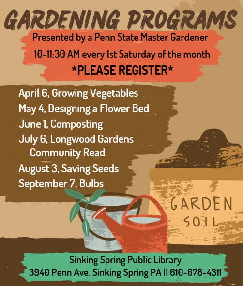 A list of the upcoming gardening presentations with watering can and garden soil in the background.