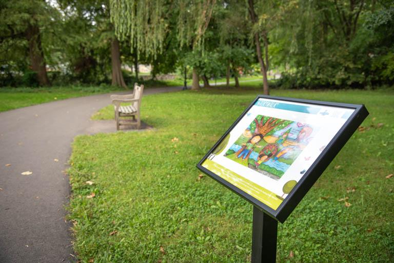 StoryWalk page displayed in a sunny park
