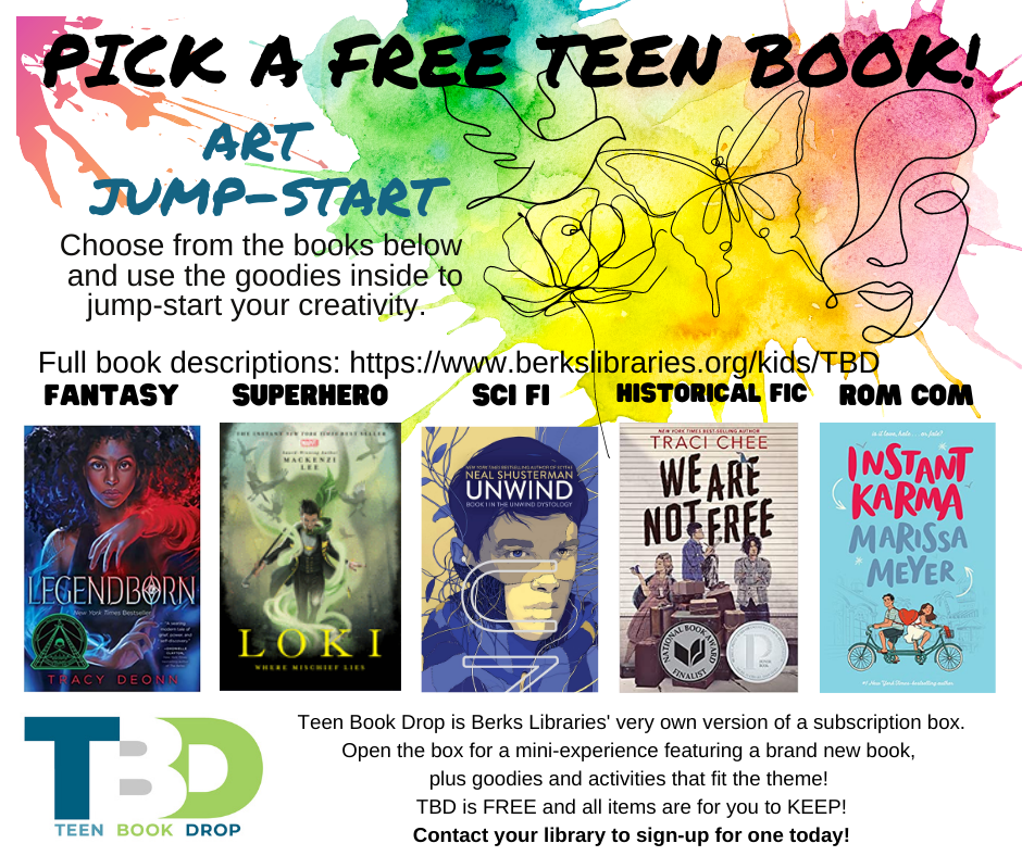 Teen Book Drop for spring 2022 are back! Teen Book Drops are Berks Libraries very own version of a subscription box. You get to pick the genre of book you'd like, and the goodies inside will help lead you in a fun activity. The book choices are below.
