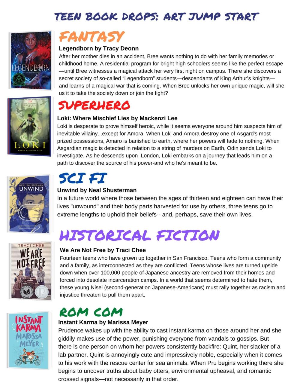The book choices are Fantasy: Legendborn, Superhero: Loki, SciFi: Unwind, Historical Fiction: We Are Not Free, & Rom-com: Instant Karma.