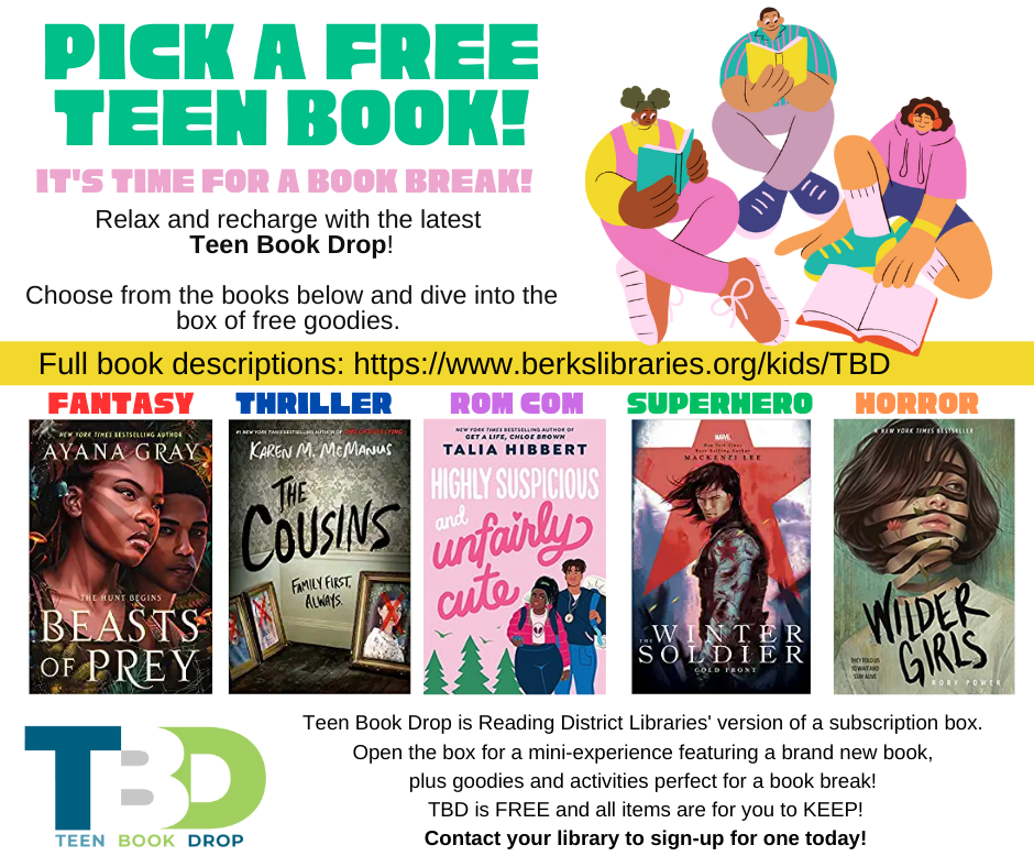 It's time for a teen book break! Relax and recharge with the latest Teen Book Drop! Choose from the books below and dive into the box of free goodies. 