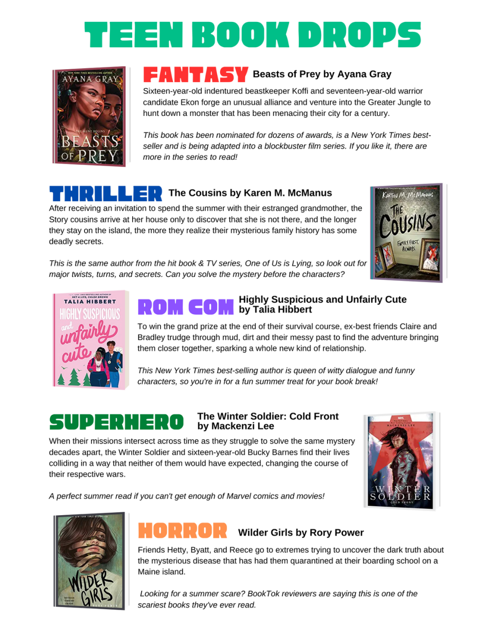 Beasts of Prey by Ayana Gray, The Cousins by Karen M. McManus, Highly Suspicious and Unfairly Cute  by Talia Hibbert, The Winter Soldier: Cold Front  by Mackenzi Lee, Wilder Girls by Rory Power