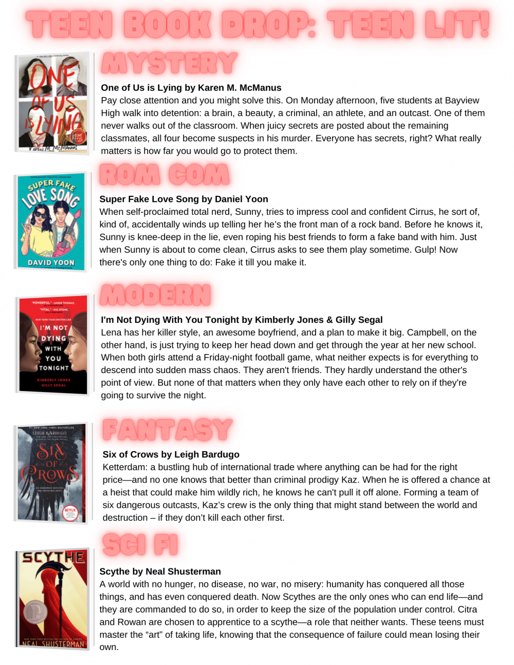 The 5 book choices are: One of Us is Lying (mystery), Super Fake Love Song (rom-com), I'm Not Dying with You Tonight (modern), Six of Crows (Fantasy), and Scythe (scifi). Call or email your library to reserve a box today!