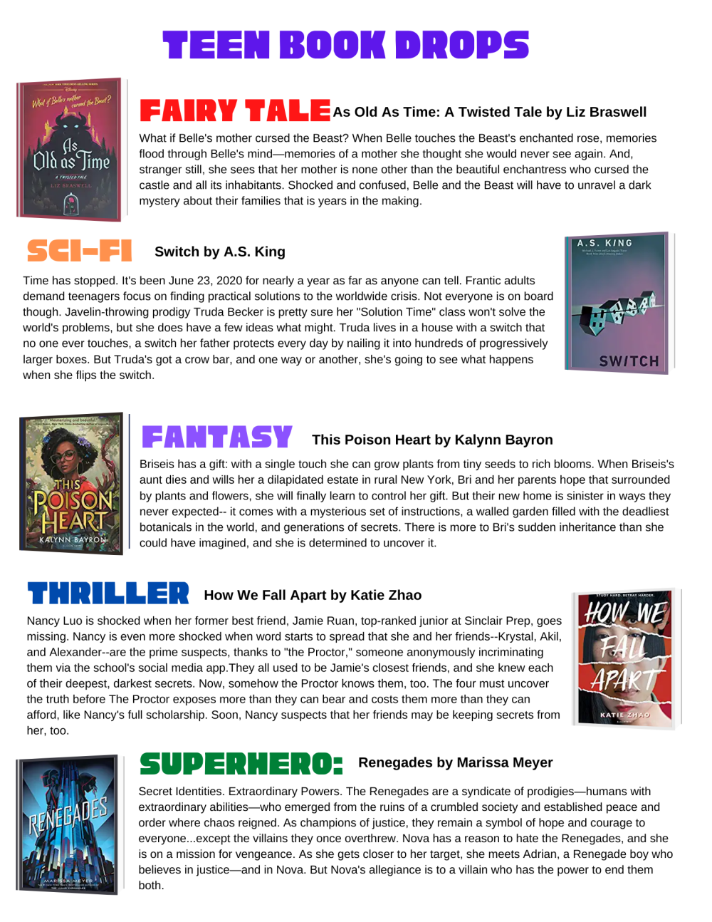TBD winter books picks include: Fairytale: As Old as Time, Fantasy: This Poison Heart, Science Fiction: Switch, Thriller: How We Fall Apart, and Superhero: Renegades.