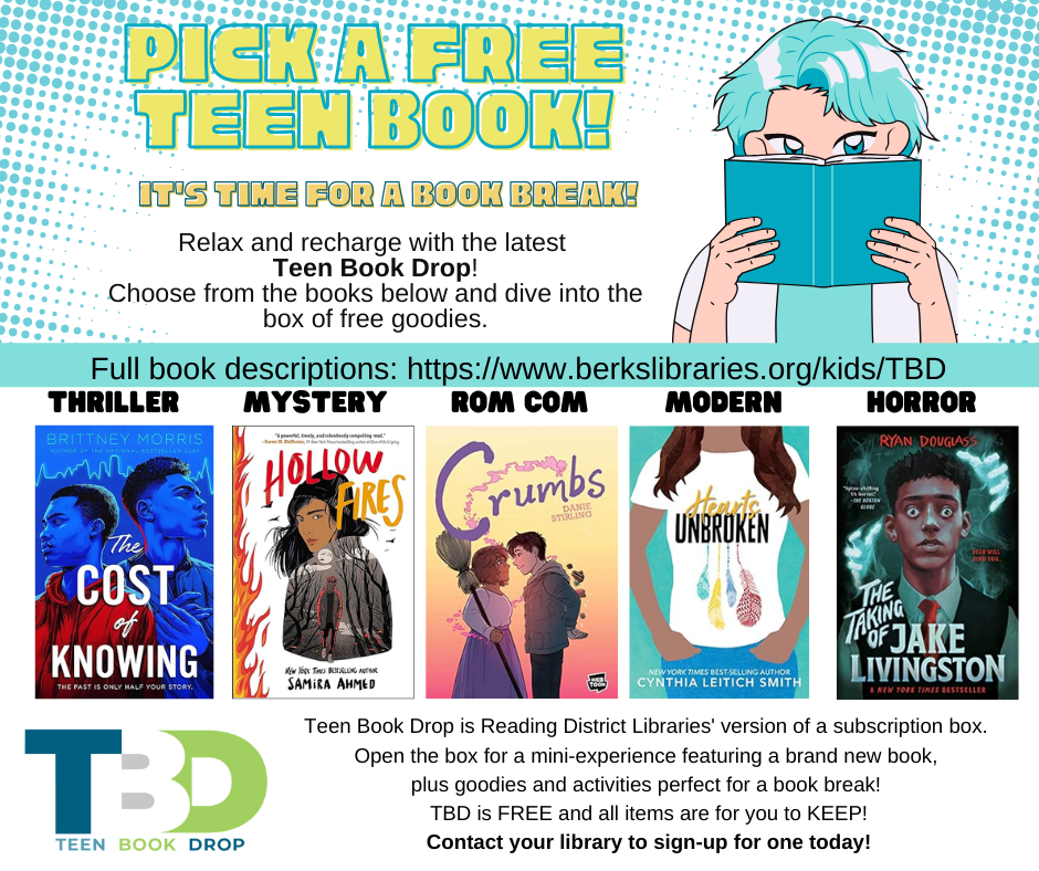 Relax and recharge with the latest Teen Book Drop! Choose from the books below and dive into the box of free goodies.
