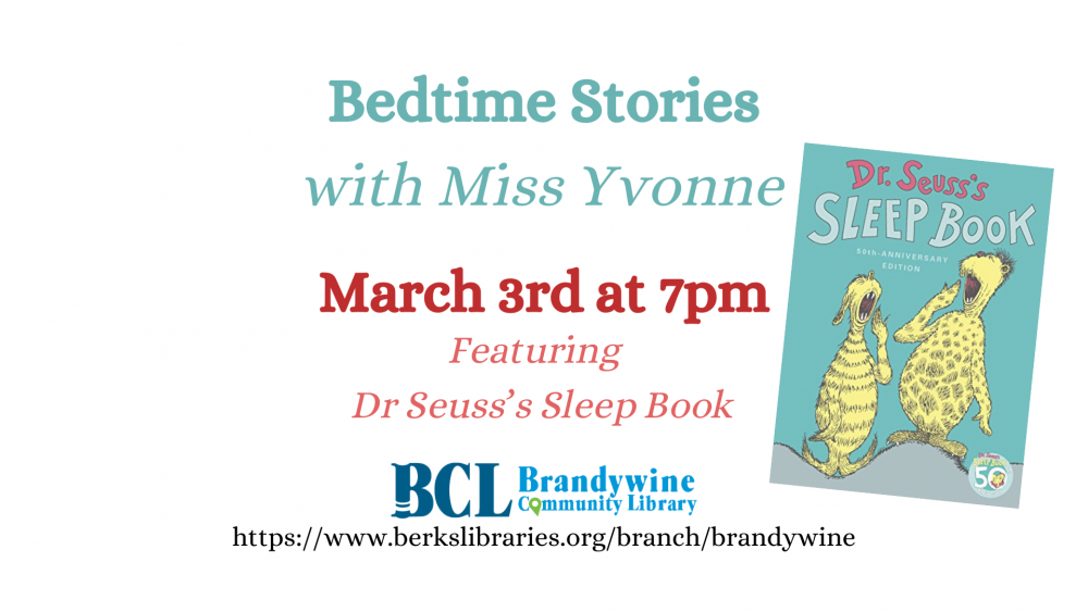Bedtime Stories with Miss Yvonne March 3rd at 7pm Featuring Dr. Seuss's Sleep Book - Image of the cover of Dr. Seuss's Sleep Book. Our logo with our website at the bottom