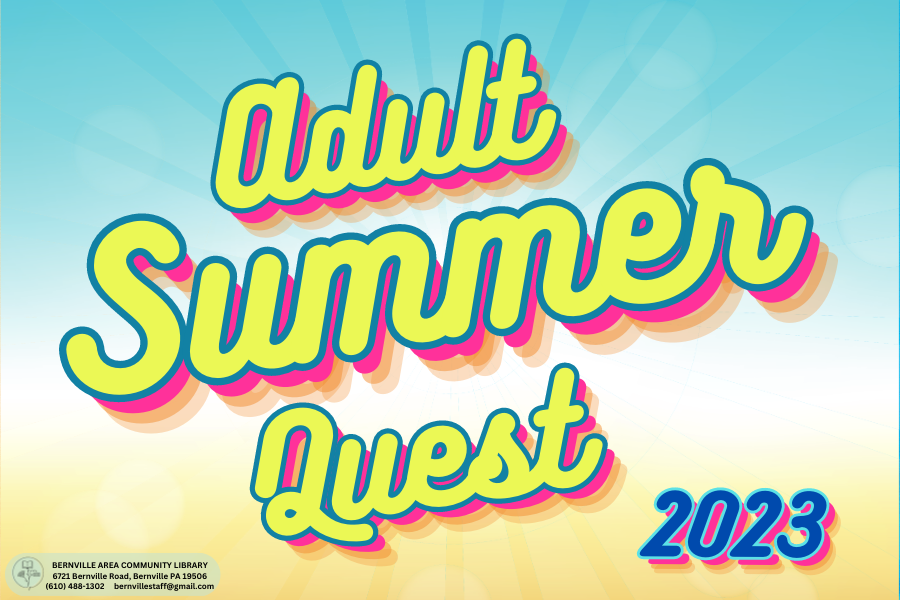 text saying adult summer quest 2023 in front of tan and blue background