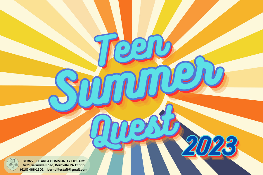 text saying teen summer quest 2023 in front of colorful sun rays