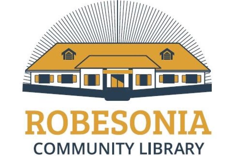 Robesonia Community Library Logo, the library sitting on a fanned out book