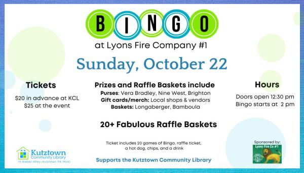 Help the library succeed by attending Bingo on Sunday, October 22 at 2:00 pm.