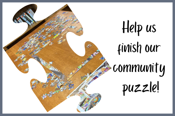 Image of half-finished puzzle with text "Help us finish our community puzzle!"